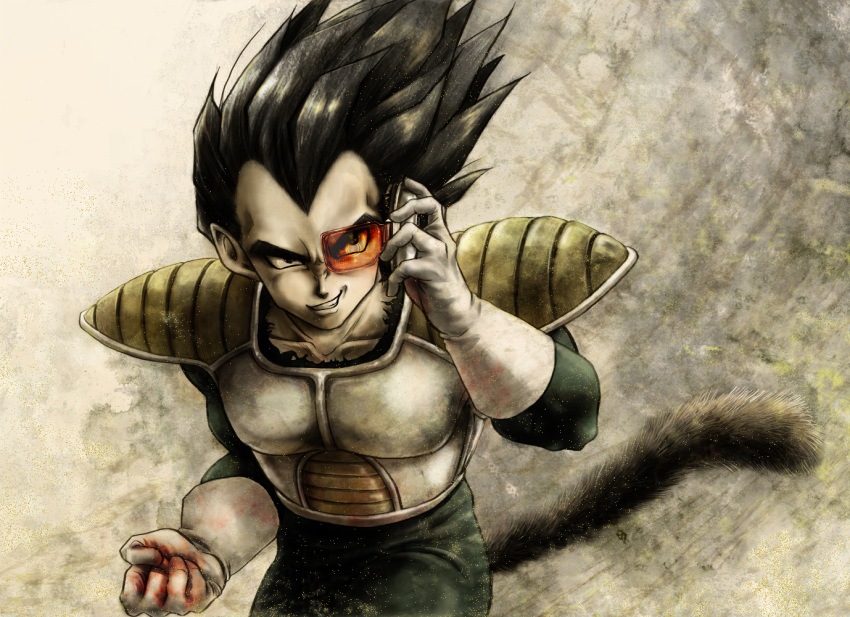 1boy armor black_eyes black_hair blood bloody_clothes clenched_hand collarbone dragon_ball dragon_ball_z evil_grin evil_smile gloves grin male_focus monkey_tail scouter smile solo spiky_hair uirina upper_body vegeta white_gloves widow's_peak