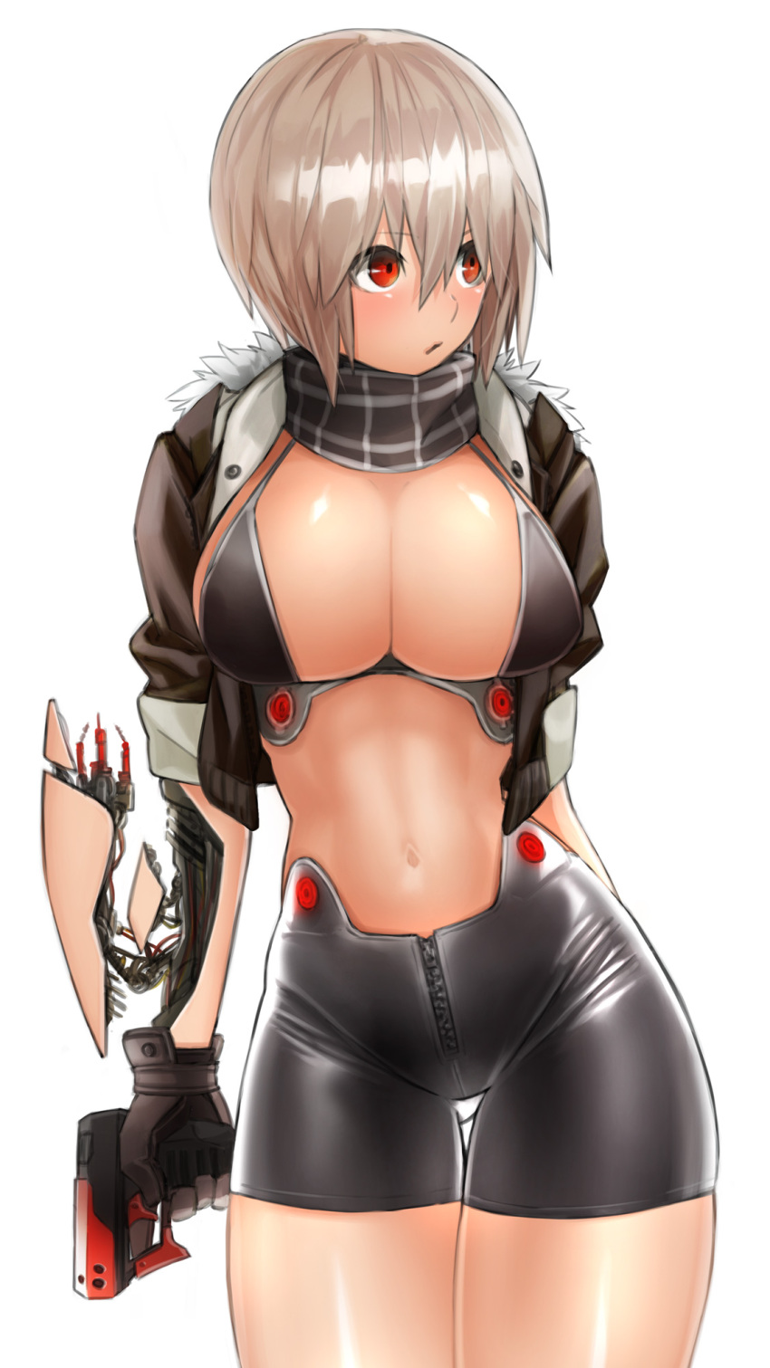 1girl albino arm_at_side arm_behind_back black_bra black_shorts blush bra breasts cable cleavage cowboy_shot cropped_jacket gloves gun hair_between_eyes handgun highres holding_gun holding_weapon jacket kirii large_breasts looking_away looking_to_the_side mecha_musume midriff navel original parts_exposed plaid red_eyes scarf short_hair shorts silver_hair simple_background solo thigh_gap underwear weapon white_background zipper
