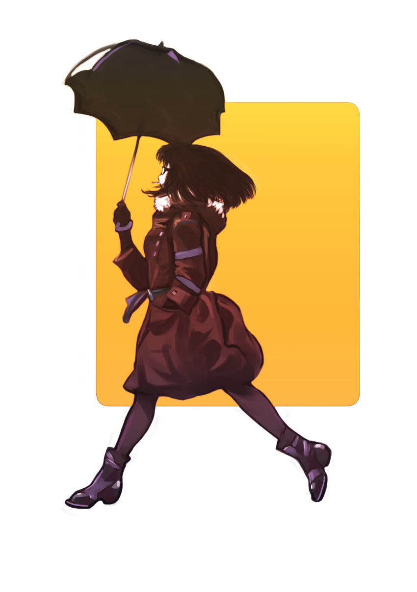 1girl absurdres bangs belt black-framed_glasses black_hair black_legwear blunt_bangs boots buttons cigarette coat from_side full_body glasses gloves hand_in_pocket highres holding_umbrella long_hair long_sleeves mouth_hold original pantyhose rounded_corners solo vigwer walking winter_clothes