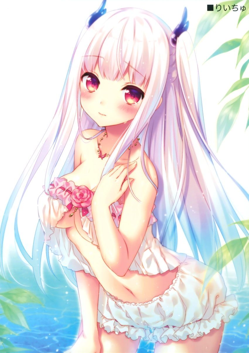 1girl absurdres bare_shoulders bloomers blush breasts collarbone highres jewelry large_breasts long_hair looking_at_viewer navel necklace original red_eyes riichu scan silver_hair solo twintails under_boob underwear wet