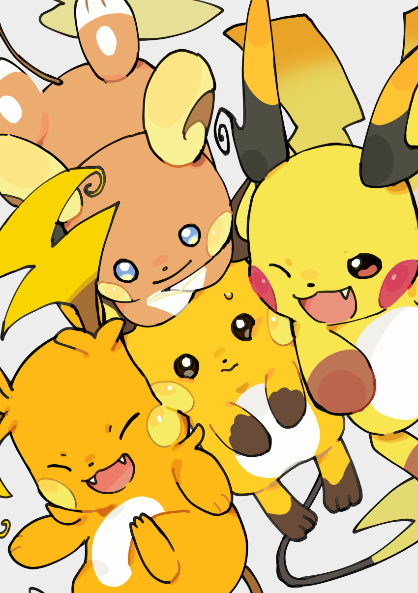 absurdres alolan_raichu blue_eyes brown_eyes cheek-to-cheek cheek_squash closed_eyes commentary_request creature creature_focus fangs from_above full_body furukawa_raku grey_background heads_together highres mega_pokemon mega_raichu_x mega_raichu_y no_humans open_mouth orange_fur pokemon pokemon_(creature) pokemon_focus pokemon_legends:_z-a raichu smile yellow_fur