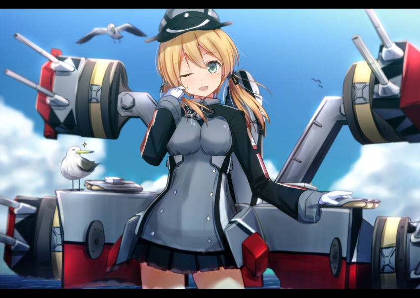 1girl bird blonde_hair cuon_(kuon) gloves hat kantai_collection letterboxed long_hair machinery one_eye_closed peaked_cap prinz_eugen_(kantai_collection) seagull smile solo turret twintails uniform