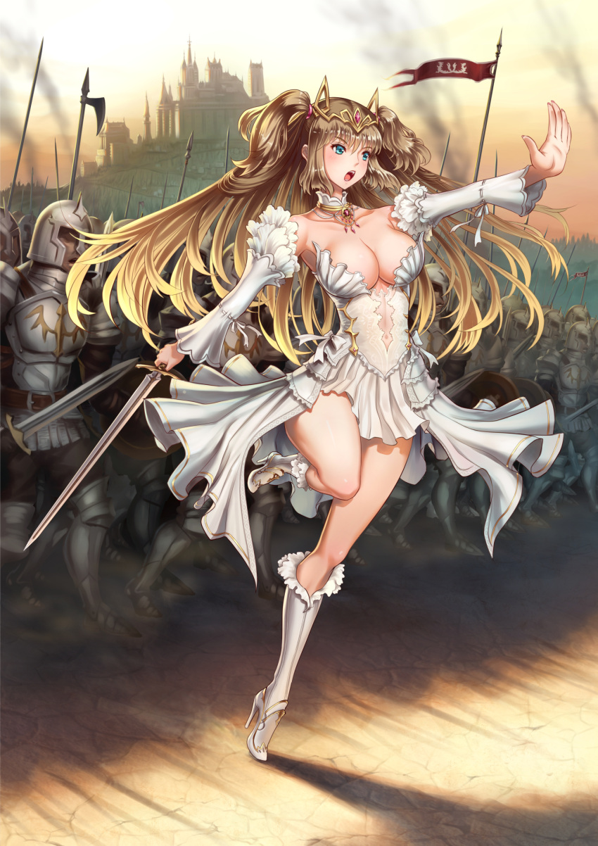 1girl :o aqua_eyes armor army banner blonde_hair breasts castle center_opening charging choker cleavage detached_sleeves halberd high_heels highres jewelry knight large_breasts long_hair navel open_mouth original polearm revision see-through shadow short_twintails sky smoke solo sword tiara twintails two_side_up weapon youbou