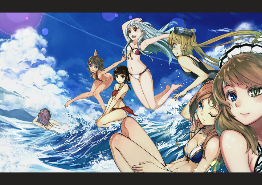 6+girls absurdres bikini blonde_hair character_request clouds condensation_trail cu_(fsy84738368) heterochromia highres jumping lens_flare letterboxed multiple_girls ocean swimming swimsuit water zhan_jian_shao_nyu