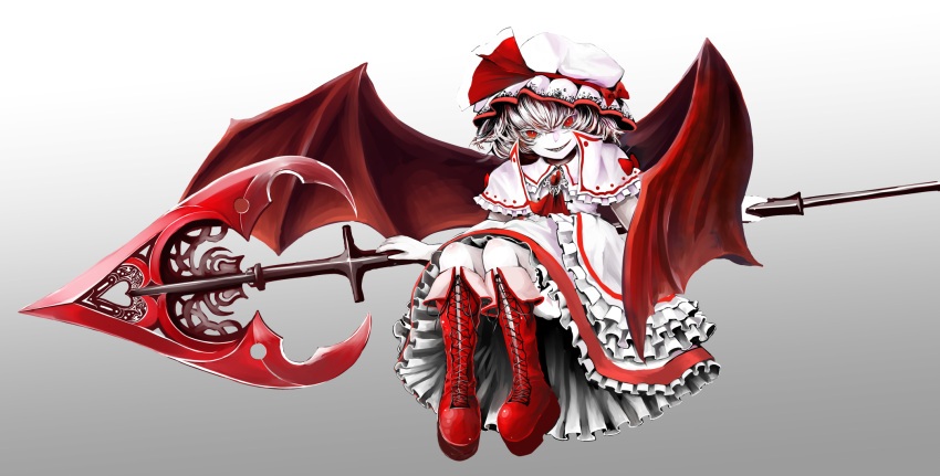 1girl ascot bat_wings boots bow brooch capelet frilled_collar frilled_skirt frills full_body gradient gradient_background grey_background hair_between_eyes hat hat_bow highres jewelry jonasan_(bad-t) knee_boots layered_skirt mob_cap multicolored_hair pale_skin polearm red_boots red_eyes red_wings remilia_scarlet sharp_teeth shirt short_hair skirt slit_pupils solo spear spear_the_gungnir spot_color streaked_hair touhou weapon white_background white_hair white_shirt white_skirt wings