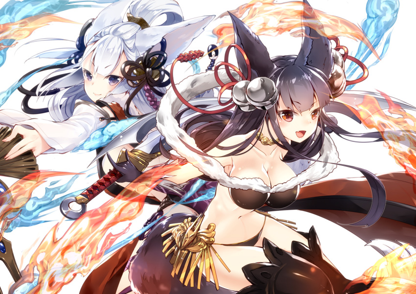 218 2girls :d action animal_ears bangs bare_shoulders bell black_boots black_hair black_ribbon blue_eyes blunt_bangs boots breasts cleavage closed_mouth collarbone detached_sleeves eyebrows eyebrows_visible_through_hair fan fang folding_fan fox_ears fur_trim gloves granblue_fantasy hair_bell hair_between_eyes hair_ornament holding_sword holding_weapon jewelry jingle_bell knot long_hair looking_at_viewer magic midriff multiple_girls navel necklace open_mouth ponytail red_eyes red_ribbon ribbon silver_hair smile socie_(granblue_fantasy) sword thigh-highs thigh_boots very_long_hair violet_eyes weapon wolf_ears yuel_(granblue_fantasy)