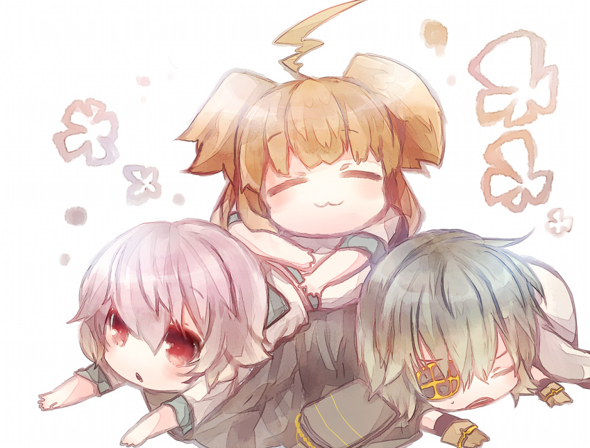 3girls :3 ahoge brown_hair cape chibi closed_eyes commentary_request eyepatch gloves green_hair kantai_collection kiso_(kantai_collection) kuma_(kantai_collection) lying_on_person multiple_girls pink_hair red_eyes school_uniform serafuku sugino_(patrassyar) tama_(kantai_collection)