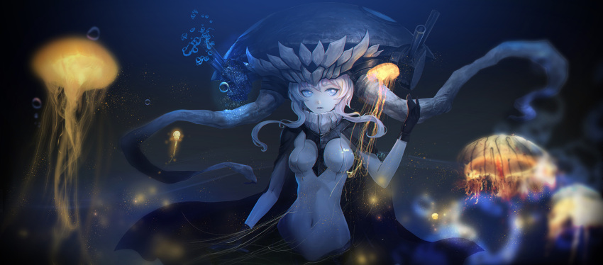 1girl black_gloves blue_eyes blurry bodysuit breasts bubble cape covered_navel depth_of_field gloves hat highres jellyfish kantai_collection light looking_at_viewer pcw revision shinkaisei-kan silver_hair skindentation solo underwater upper_body water wo-class_aircraft_carrier