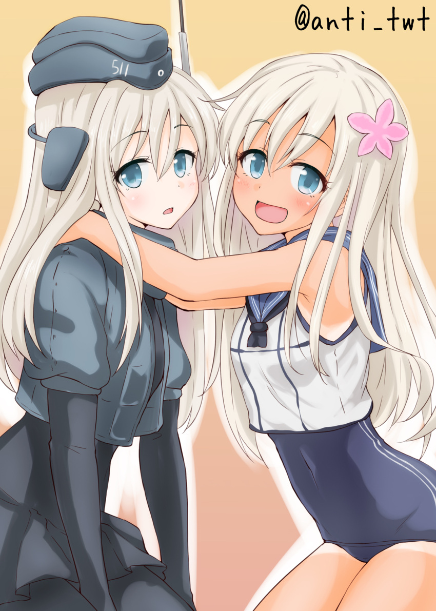 2girls anti_(untea9) blue_eyes commentary covered_navel cowboy_shot cropped_jacket dual_persona flower garrison_cap grey_hair hair_flower hair_ornament hands_on_shoulders hat highres jacket kantai_collection long_hair long_sleeves military military_uniform multiple_girls one-piece_swimsuit open_mouth orange_background ro-500_(kantai_collection) school_swimsuit simple_background sleeveless smile swimsuit tan twitter_username u-511_(kantai_collection) uniform white_skin