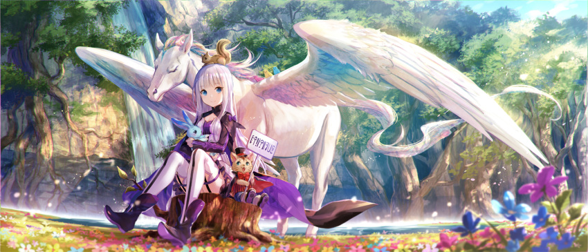 1girl animal animal_on_head bangs bird blue_eyes blue_sky blunt_bangs boots cape cat closed_mouth clothed_animal dress field flower flower_field fuji_choko garter_straps hat kenja_no_deshi_wo_nanoru_kenja lake long_hair long_sleeves mira_(kenja) mountain outdoors pants pegasus purple_boots rabbit red_bowtie sitting sky smile solo squirrel striped sunlight thigh-highs top_hat tree tree_stump very_long_hair water waterfall white_hair white_legwear