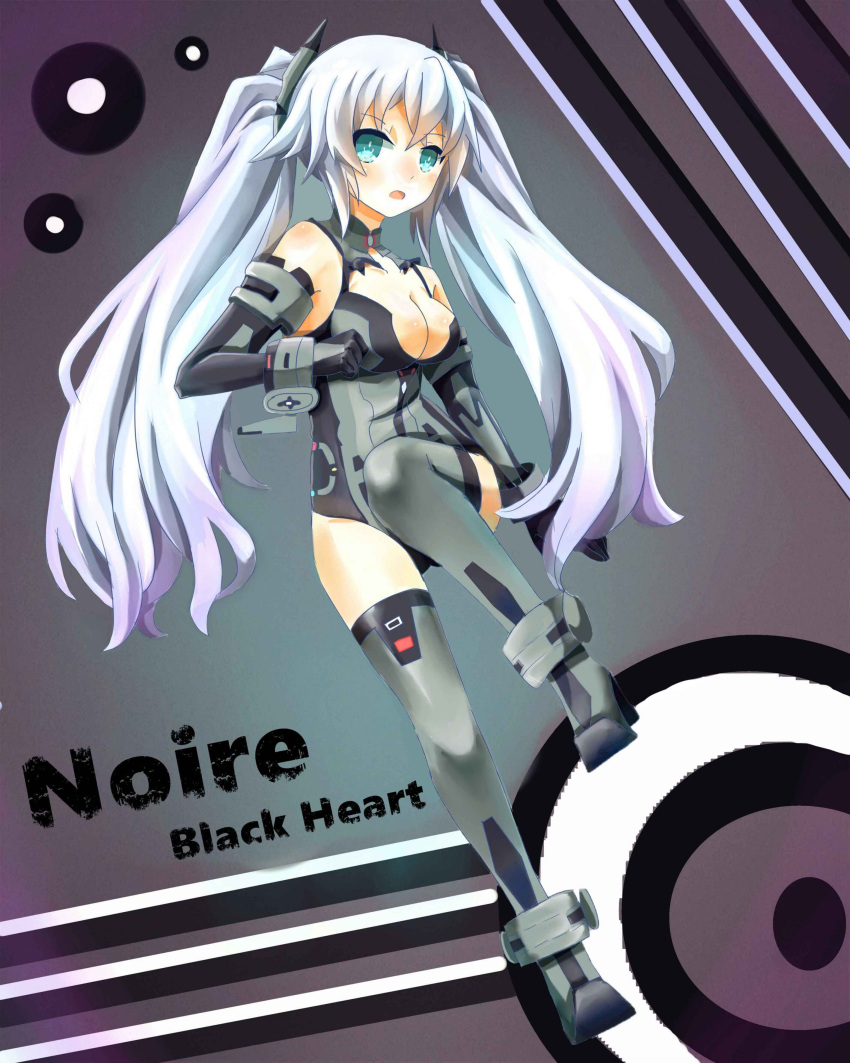 1girl absurdres bare_shoulders black_heart blue_eyes breasts cleavage gekka_hiyayuki gloves highres long_hair looking_at_viewer neptune_(series) noire open_mouth solo symbol-shaped_pupils thigh-highs twintails white_hair
