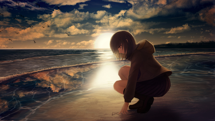 1girl animal aya_(star) beach bird brown_hair clouds cloudy_sky commentary_request hood_down kneehighs long_sleeves looking_down ocean original outdoors reflection sand sand_writing scenery seagull shoes short_hair skirt sky solo squatting tan twilight waves writing