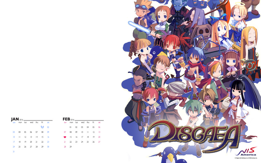 2016 :d :o antenna_hair archer_(disgaea) backpack bag bandages bandana bandeau bangs bare_shoulders bat_wings belt beltbra bird black_hair black_legwear blonde_hair blue_hair blunt_bangs bow bow_(weapon) bracelet braid breasts brown_hair calendar chain closed_eyes collar copyright_name dated demon_girl demon_tail detached_sleeves disgaea drill_hair earrings etna everyone february female_angel_(disgaea) female_brawler_(disgaea) female_warrior_(disgaea) flat_chest flonne forehead_protector fur_trim gloves goggles goggles_on_head gradient green_hair grey_skin gun hair_bow hair_over_shoulder hairband hakama half-closed_eyes halo hand_on_hilt handgun harada_takehito headband healer_(disgaea) high_ponytail hip_vent holding holding_weapon huge_weapon january japanese_clothes jewelry laharl logo lolita_hairband long_hair looking_at_viewer mage_(disgaea) magic_knight_(disgaea) majin_(disgaea) makai_senki_disgaea male_brawler_(disgaea) male_healer_(disgaea) male_warrior_(disgaea) mid-boss_(disgaea) midriff miniskirt navel ninja_(disgaea) official_art open_mouth orange_hair outstretched_arms over_shoulder pantyhose pencil_skirt penguin planted_sword planted_weapon pointy_ears polearm ponytail pouch prinny quiver redhead ribbon_trim ronin_(disgaea) sarashi sash scarf scout_(disgaea) scythe shadow shirtless short_hair short_twintails shorts sidelocks silver_hair simple_background single_braid skirt skull skull_(disgaea) skull_earrings slit_pupils smile spear spiky_hair staff standing stitches stuffed_animal stuffed_toy sword tail thief_(disgaea) thigh-highs twintails unitard very_long_hair wallpaper weapon weapon_over_shoulder white_background widescreen wings zettai_ryouiki