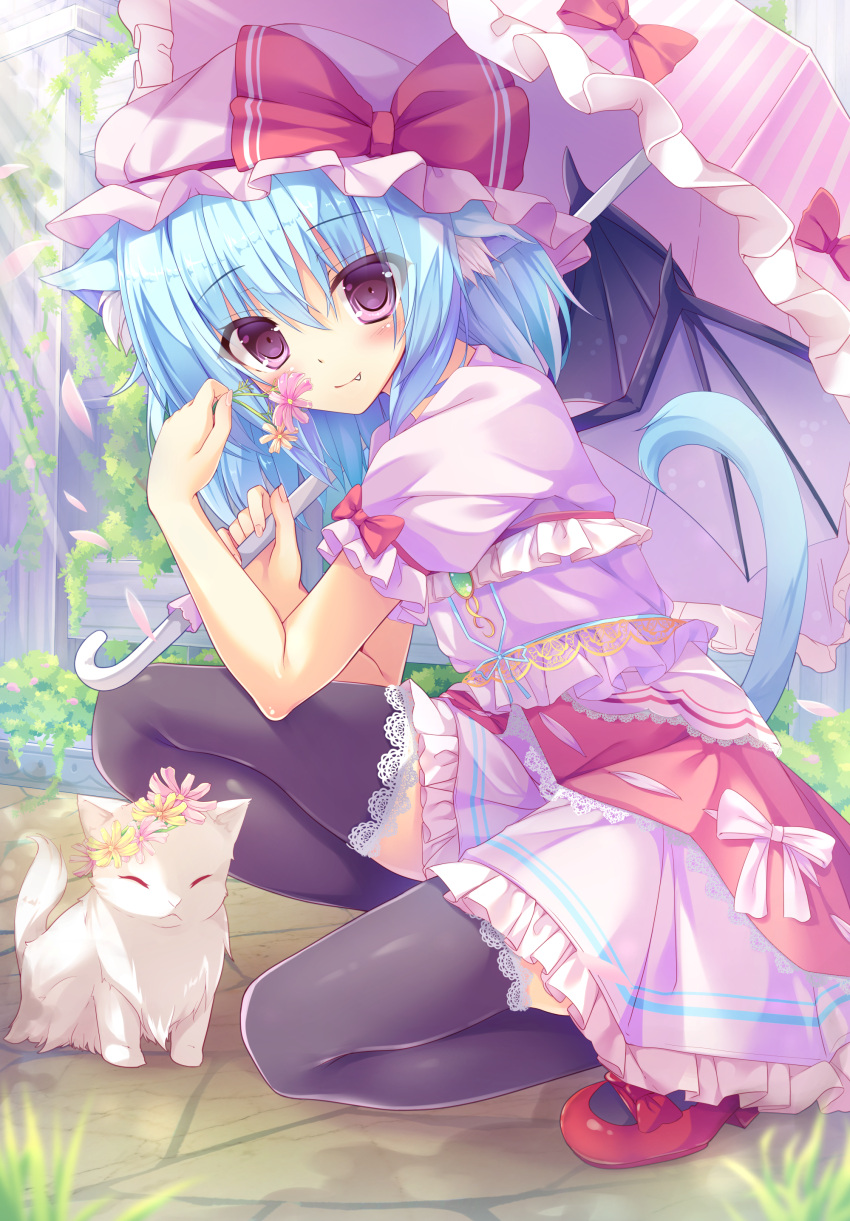1girl ^_^ absurdres animal animal_ears bat_wings black_legwear blue_hair blush bow cat cat_ears cat_tail cedama closed_eyes dress emerald fang flower frills garden gem hat hat_bow highres holding holding_flower jewelry kemonomimi_mode looking_at_viewer mary_janes outdoors petals pink_dress red_bow red_shoes remilia_scarlet shoes short_hair smile squatting tail thigh-highs touhou umbrella vampire violet_eyes white_fur wings zettai_ryouiki
