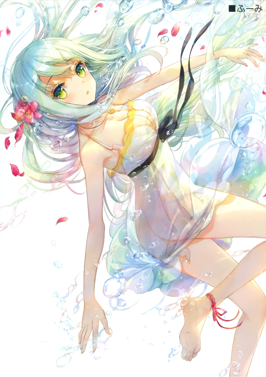 1girl :o absurdres air_bubble ankle_ribbon anklet aqua_hair ass bare_legs bare_shoulders barefoot blush breasts breath bubble cleavage dress flower from_behind fuumi_(radial_engine) green_eyes hair_flower hair_ornament highres jewelry long_hair looking_at_viewer looking_back necklace open_mouth original petals scan see-through soles solo underwater very_long_hair white_dress