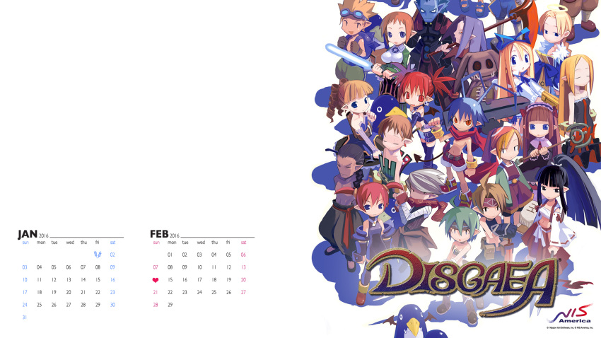 2016 :d :o antenna_hair archer_(disgaea) backpack bag bandages bandana bandeau bangs bare_shoulders bat_wings belt beltbra bird black_hair black_legwear blonde_hair blue_hair blunt_bangs bow bow_(weapon) bracelet braid breasts brown_hair calendar chain closed_eyes collar copyright_name dated demon_girl demon_tail detached_sleeves disgaea drill_hair earrings etna everyone february female_angel_(disgaea) female_brawler_(disgaea) female_warrior_(disgaea) flat_chest flonne forehead_protector fur_trim gloves goggles goggles_on_head gradient green_hair grey_skin gun hair_bow hair_over_shoulder hairband hakama half-closed_eyes halo hand_on_hilt handgun harada_takehito headband healer_(disgaea) high_ponytail highres hip_vent holding holding_weapon huge_weapon january japanese_clothes jewelry laharl logo lolita_hairband long_hair looking_at_viewer mage_(disgaea) magic_knight_(disgaea) majin_(disgaea) makai_senki_disgaea male_brawler_(disgaea) male_healer_(disgaea) male_warrior_(disgaea) mid-boss_(disgaea) midriff miniskirt navel ninja_(disgaea) official_art open_mouth orange_hair outstretched_arms over_shoulder pantyhose pencil_skirt penguin planted_sword planted_weapon pointy_ears polearm ponytail pouch prinny quiver redhead ribbon_trim ronin_(disgaea) sarashi sash scarf scout_(disgaea) scythe shadow shirtless short_hair short_twintails shorts sidelocks silver_hair simple_background single_braid skirt skull skull_(disgaea) skull_earrings slit_pupils smile spear spiky_hair staff standing stitches stuffed_animal stuffed_toy sword tail thief_(disgaea) thigh-highs twintails unitard very_long_hair wallpaper weapon weapon_over_shoulder white_background widescreen wings zettai_ryouiki