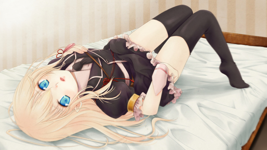 1boy armor bangs bed black_legwear black_necktie blonde_hair blue_eyes collared_shirt crossdressinging double-breasted dress frilled_sleeves frills full_body hair_between_eyes highres knees_together_feet_apart lipstick looking_at_viewer lying makeup male_focus midare_toushirou military military_uniform nico_(nicool) no_shoes on_back on_bed otoko_no_ko parted_lips puffy_short_sleeves puffy_sleeves rope shirt short_sleeves solo striped striped_background thigh-highs thigh_gap touken_ranbu uniform