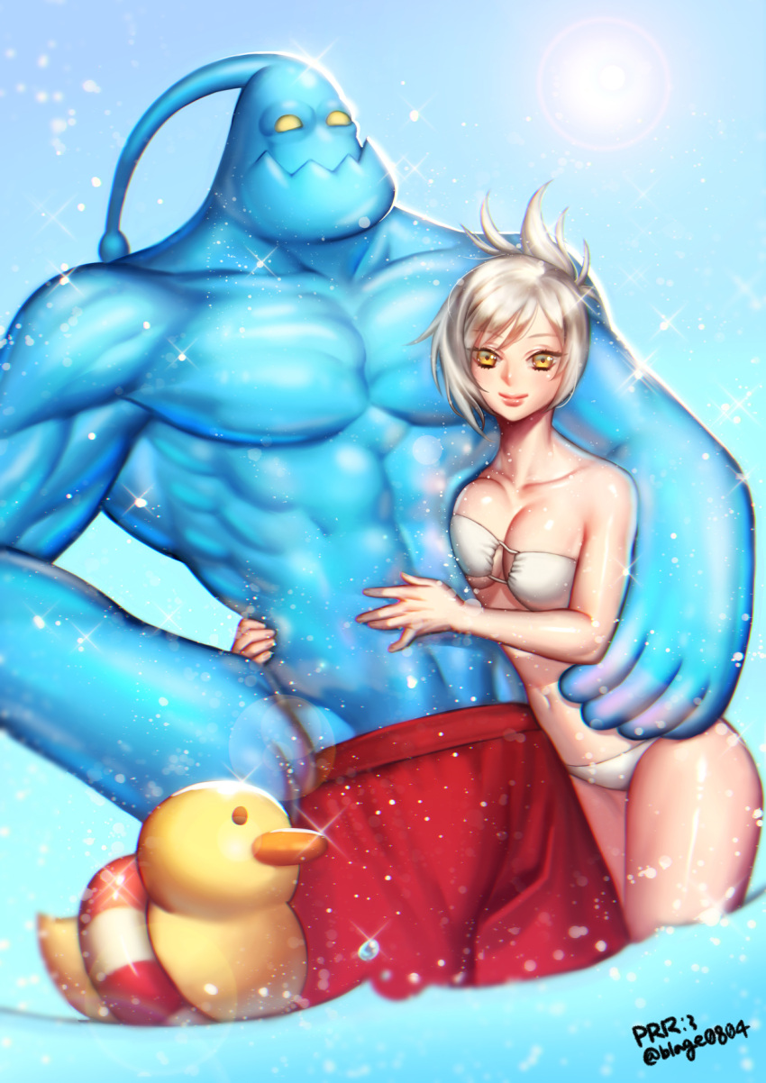 1girl bikini breasts cleavage highres league_of_legends prrr riven_(league_of_legends) rubber_duck short_hair silver_hair swim_trunks swimsuit white_hair yellow_eyes zac