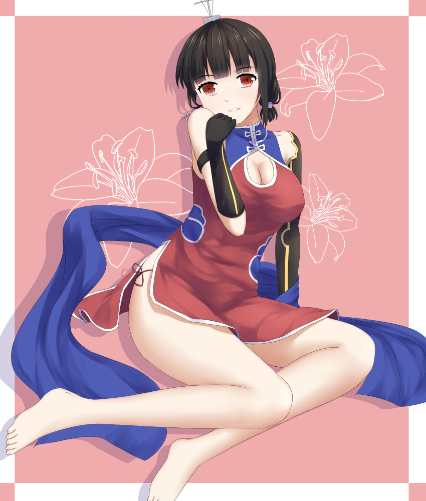 1girl absurdres arm_support arm_warmers bangs barefoot black_hair blunt_bangs breasts china_dress chinese_clothes cleavage gloves highres luoye personification red_eyes sitting smile solo wristband yat_sen_(zhan_jian_shao_nyu) zhan_jian_shao_nyu