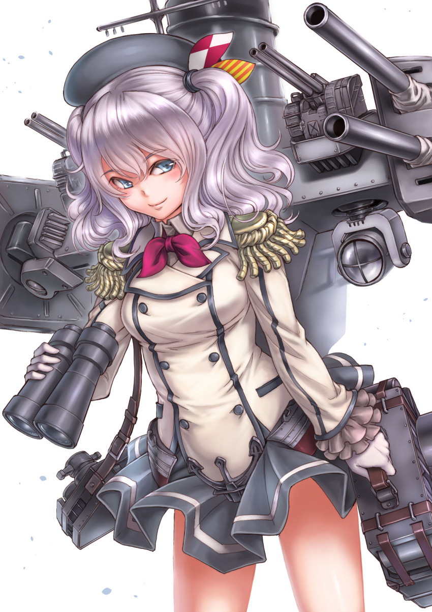 1girl anchor_symbol arm_at_side armor bangs belt beret binoculars blue_eyes blush cannon closed_mouth collared_shirt cowboy_shot double-breasted epaulettes eyebrows eyebrows_visible_through_hair formal frilled_sleeves frills gloves hair_tie hat highres holding kantai_collection kashima_(kantai_collection) kosai_takayuki legs_apart long_hair long_sleeves looking_at_viewer military military_uniform miniskirt pleated_skirt searchlight shirt silver_hair simple_background skirt smile solo striped suit turret twintails uniform upskirt white_background white_gloves