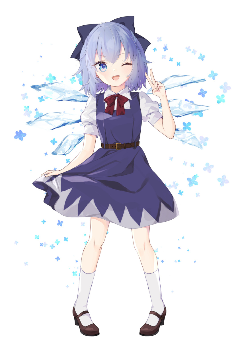 1girl ;d bangs belt belt_buckle black_bow blue_dress blue_eyes blue_hair blue_wings bow breasts brown_belt brown_footwear buckle cirno collared_shirt commentary_request detached_wings dress eyebrows_visible_through_hair full_body hair_between_eyes hair_bow hand_up highres ice ice_wings looking_at_viewer one_eye_closed open_mouth puffy_short_sleeves puffy_sleeves purin_jiisan red_bow shirt shoes short_sleeves skirt_hold sleeveless sleeveless_dress small_breasts smile socks solo standing touhou v white_background white_legwear white_shirt wings