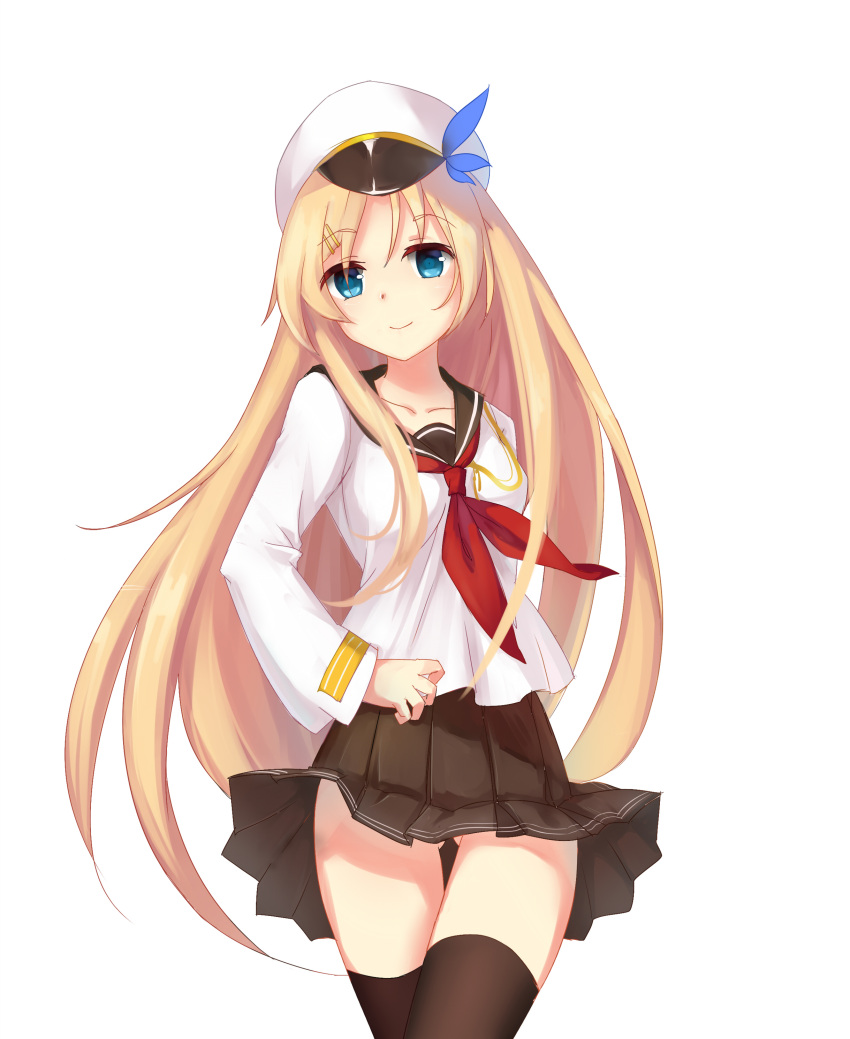 1girl absurdres ass_visible_through_thighs black_legwear blonde_hair blue_eyes contrapposto hair_ornament hairclip hamster_(hanmster) hat heart highres long_hair peaked_cap pleated_skirt saratoga_(zhan_jian_shao_nyu) school_uniform simple_background skirt skirt_lift smile solo thigh-highs thigh_gap very_long_hair wind_lift zhan_jian_shao_nyu