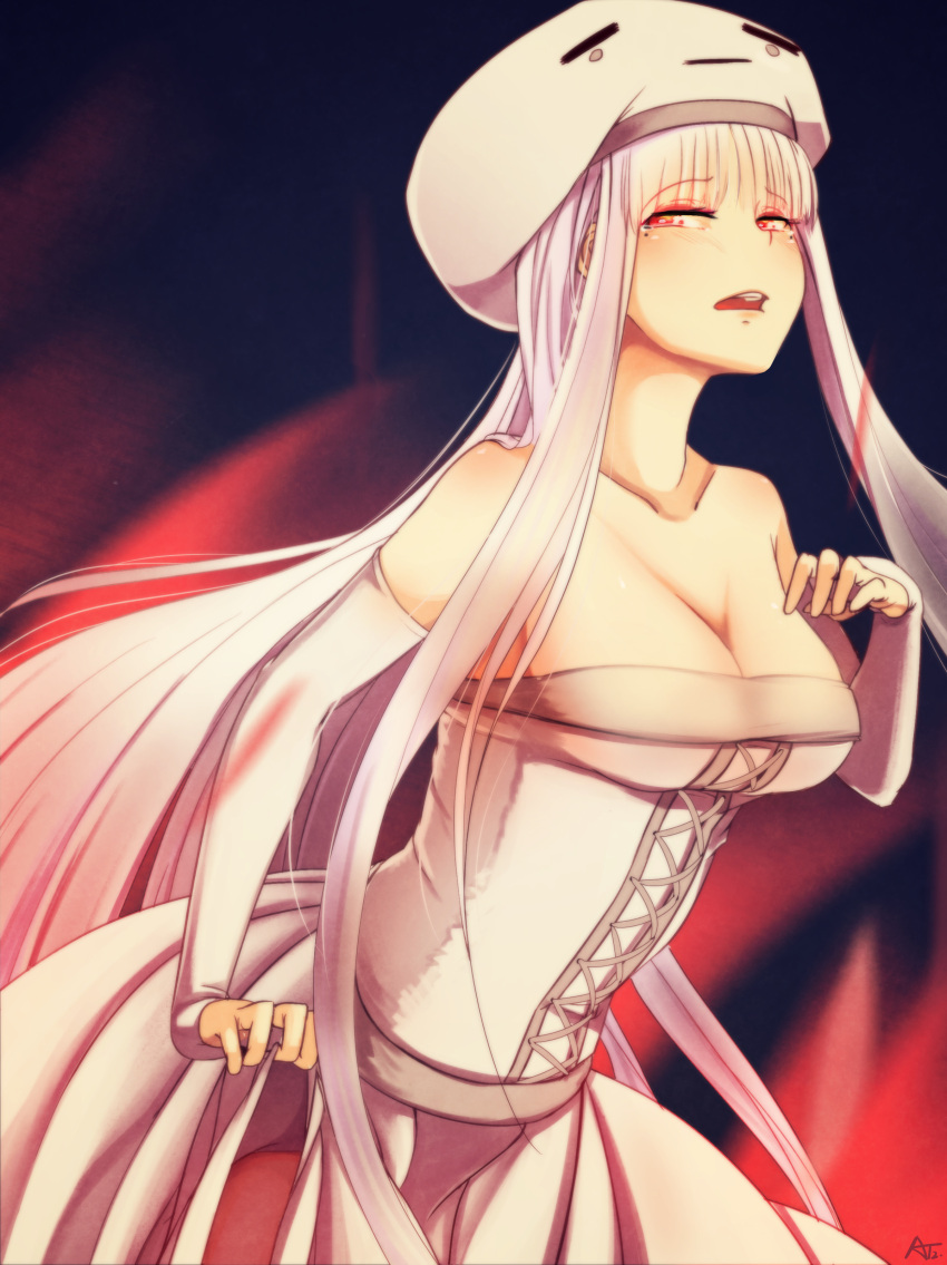 1girl absurdres at2. blush breasts cleavage collarbone elbow_gloves ghast gloves hat highres long_hair minecraft mole mole_under_eye parted_lips personification red_eyes solo tears teeth very_long_hair white_gloves white_hair