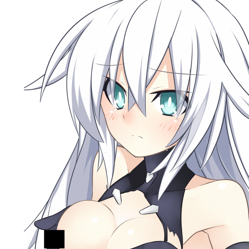 1girl bar_censor bare_shoulders black_heart blue_eyes blush breasts censored cleavage long_hair looking_at_viewer meimu_(infinity) neptune_(series) noire solo symbol-shaped_pupils tears white_hair