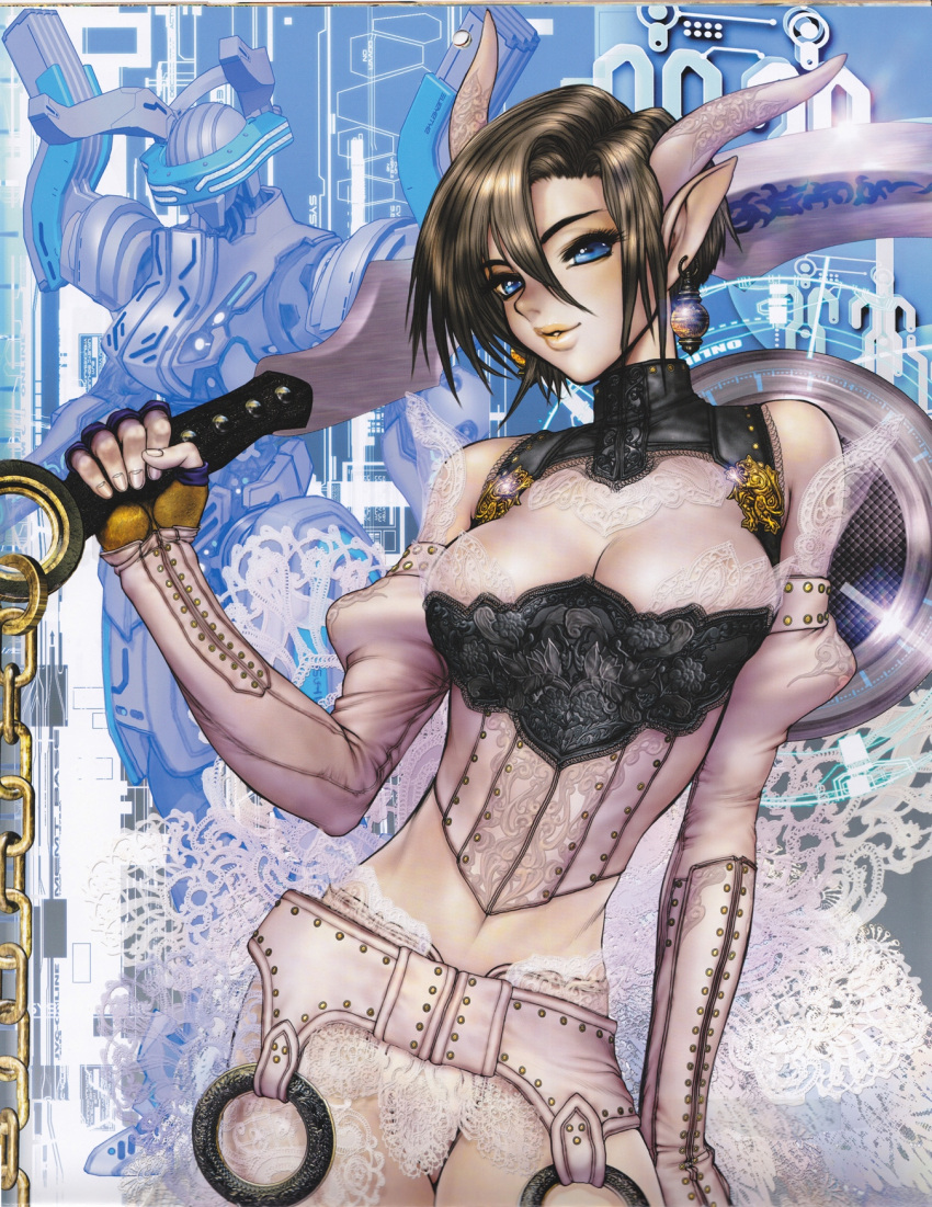 1girl big_breasts blade blue_eyes bra breasts brown_hair chain demon_horns earrings elbow_gloves fingerless_gloves gloves highres horns jewelry lingerie lips looking_at_viewer pale_skin robot shirou_masamune short_hair smile solo sword underwear weapon