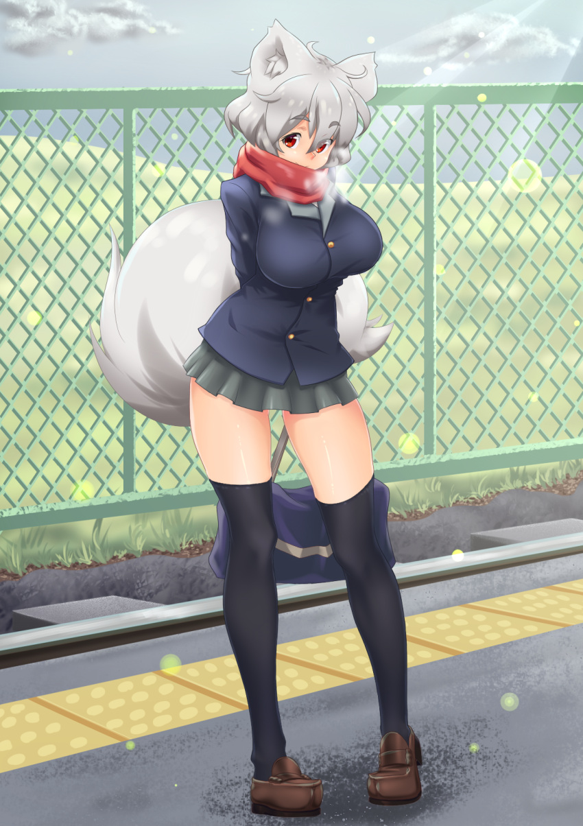 1girl animal_ears bag black_legwear breasts highres inubashiri_momiji large_breasts loafers looking_at_viewer red_eyes red_scarf road scarf school_uniform shoes short_hair silver_hair skirt smile solo street tail thighs tochinoko touhou wolf_ears wolf_tail