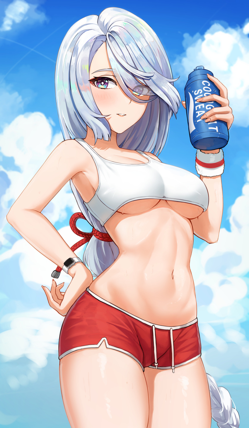 1girl absurdres blue_eyes blue_sky bottle braid braided_ponytail breasts clouds cowboy_shot drawstring english_commentary exercise eyes_visible_through_hair genshin_impact gym_uniform hair_over_one_eye hand_on_hip highres holding holding_bottle large_breasts long_hair looking_at_viewer matmaj midriff navel parted_lips shenhe_(genshin_impact) short_shorts shorts silver_hair sky solo sports_bra under_boob very_long_hair watch watch water_bottle wristband