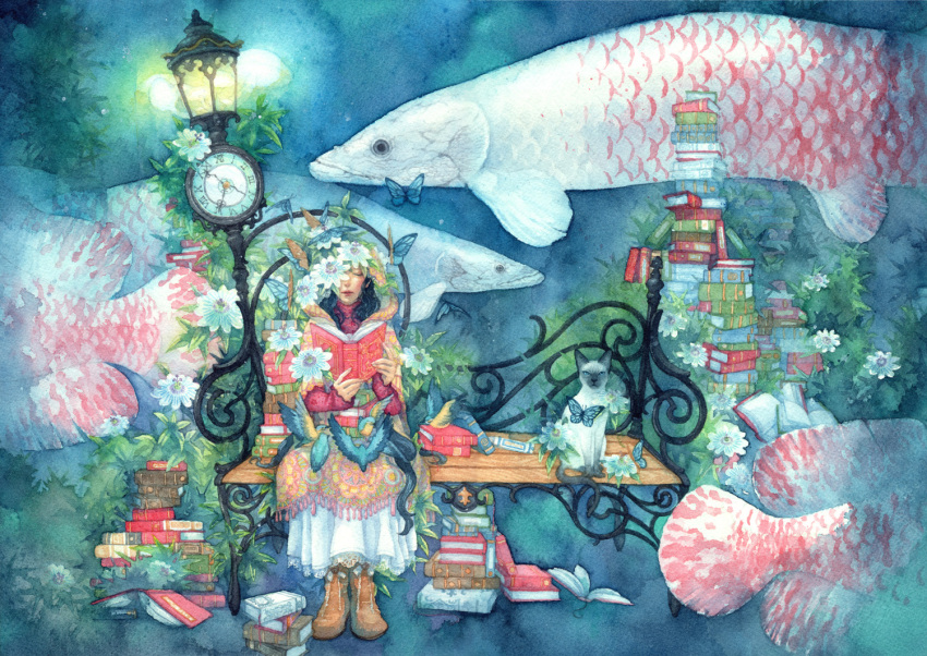 1girl animal arapaima bench bird bird_on_lap black_hair book book_stack boots brown_boots butterfly cat clock closed_eyes fish flower holding holding_book hood lace lantern lips long_sleeves open_book original passion_flower realistic shuka_(taupe) siamese_cat sitting solo surreal too_many too_many_books traditional_media turtleneck watercolor_(medium)