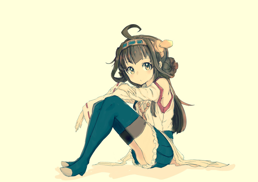 1girl absurdres ahoge ass bare_shoulders boots brown_eyes brown_hair detached_sleeves double_bun from_side full_body hair_ornament hairband headgear highres japanese_clothes kantai_collection kongou_(kantai_collection) long_hair looking_at_viewer nontraditional_miko ranf sitting skirt solo thigh-highs thigh_boots younger