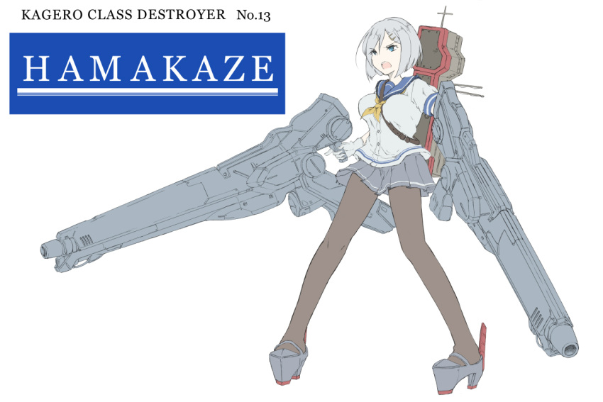 1girl armored_core blue_eyes breasts character_name gun hair_ornament hair_over_one_eye hairclip hamakaze_(kantai_collection) kantai_collection karasawa_(weapon) nemubusoku open_mouth pantyhose school_uniform short_hair simple_background skirt solo tagme text trigger_discipline weapon white_background white_hair