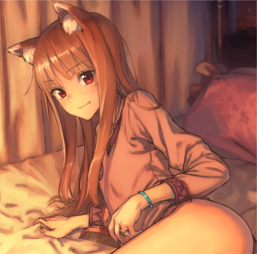 1girl animal_ears bangs bed bed_sheet blurry blush brown_hair comb depth_of_field fang_out flat_chest highres hips holo indoors jewelry kawakami_rokkaku long_sleeves looking_at_viewer lying necklace no_panties on_side pillow red_eyes ring room sheet_grab shiny shiny_hair shirt smile solo sparkle spice_and_wolf thighs wedding_band wolf_ears wolf_girl wristband