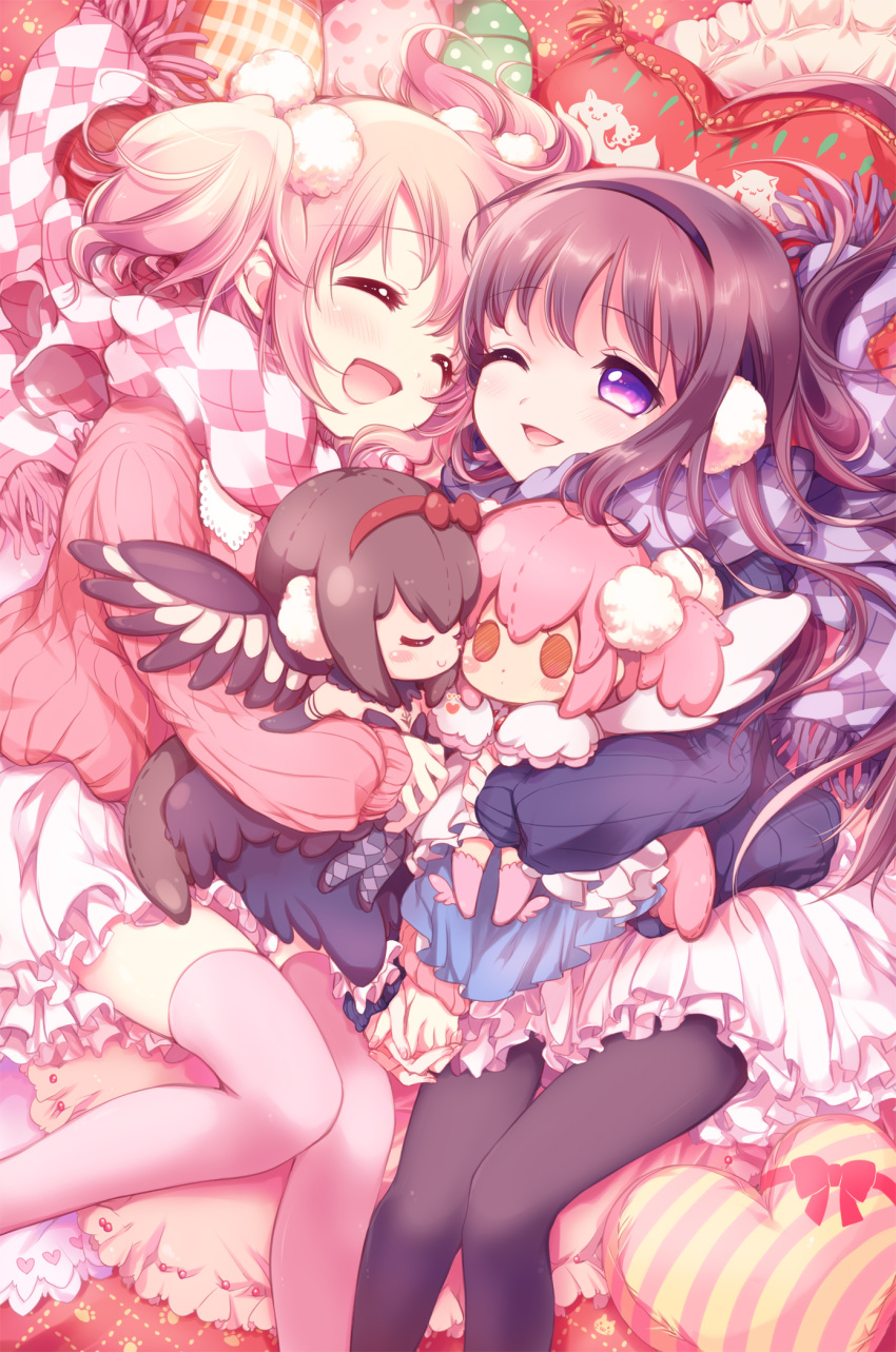 2girls akemi_homura akuma_homura black_hair character_doll doll_hug dress earmuffs gloves goddess_madoka highres kaname_madoka long_hair mahou_shoujo_madoka_magica mahou_shoujo_madoka_magica_movie multiple_girls open_mouth pantyhose pink_hair scarf short_hair smile spoilers stuffed_toy thigh-highs two_side_up violet_eyes yamada_ako yellow_eyes yuri