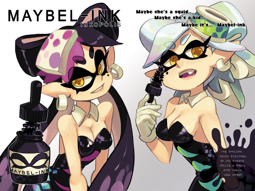 +_+ 2girls alex_ahad aori_(splatoon) black_hair breasts cleavage domino_mask dress earrings english eyebrows eyeliner fang gloves hair_bun highres hotaru_(splatoon) jewelry long_hair looking_at_viewer makeup mask mole mole_under_eye multicolored_hair multiple_girls ponytail short_hair silver_hair splatoon symbol-shaped_pupils tentacle_hair thick_eyebrows twintails two-tone_hair