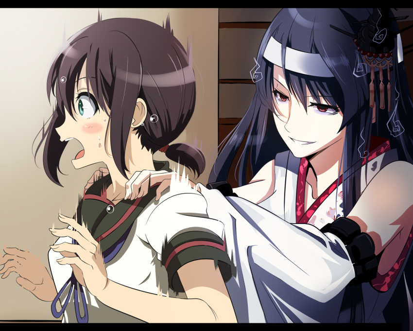 2girls bags_under_eyes bare_shoulders black_hair commentary detached_sleeves fubuki_(kantai_collection) fusou_(kantai_collection) hair_ornament highres japanese_clothes kantai_collection long_hair multiple_girls nontraditional_miko okuba red_eyes remodel_(kantai_collection) short_hair surprised