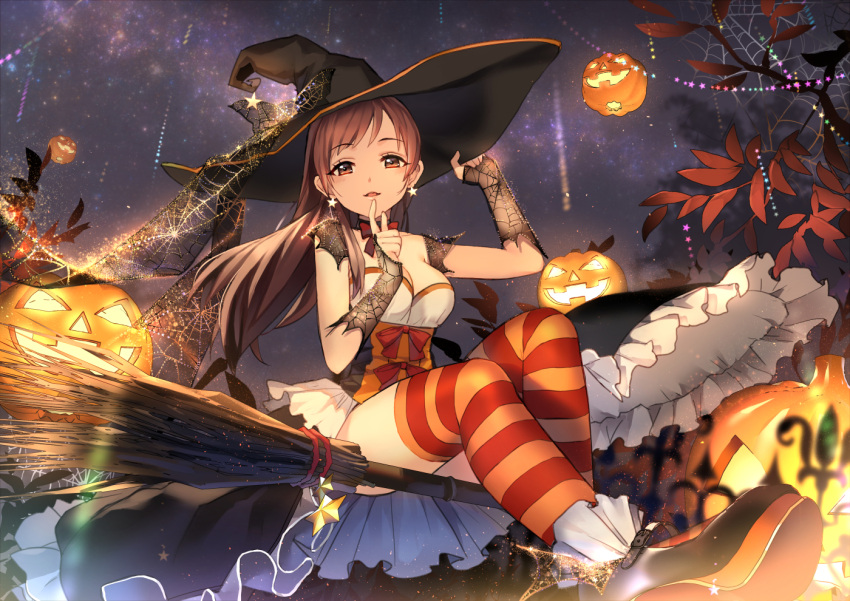 1girl arm_warmers broom broom_riding brown_eyes brown_hair dress earrings finger_to_mouth halloween hand_on_headwear hat hat_ribbon idolmaster idolmaster_cinderella_girls idolmaster_cinderella_girls_starlight_stage index_finger_raised jack-o'-lantern jewelry long_hair mary_janes night night_sky nitta_minami parted_lips pumpkin ribbon sheska_xue shoes sky smile solo spider_web_print star star_(sky) star_earrings starry_sky striped striped_legwear thigh-highs witch witch_hat