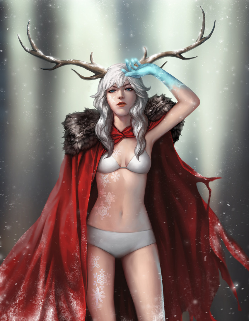 1girl antlers bikini blue_gloves breasts cape cleavage expressionless fur_cape gloves green_eyes highres looking_at_viewer midriff navel original parted_lips red_cape short_hair silver_hair small_breasts snow snowflakes snowing solo standing stomach swimsuit unodu white_bikini white_swimsuit
