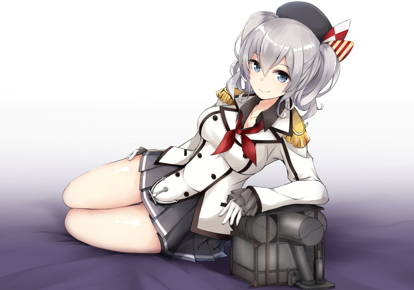 1girl blue_eyes breasts colis_(regunm772) epaulettes gloves hat kantai_collection kashima_(kantai_collection) looking_at_viewer military military_uniform silver_hair skirt smile solo twintails uniform