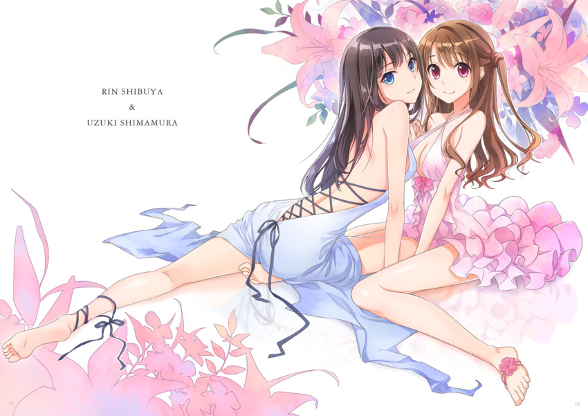 2girls ankle_ribbon bare_back bare_shoulders barefoot between_legs blue_dress blue_eyes breasts brown_hair character_name cleavage criss-cross_halter cross-laced_clothes dress evening_gown floral_background flower frilled_dress frills ginta girl_on_top halter_top halterneck hand_between_legs holding_hands idolmaster idolmaster_cinderella_girls interlocked_fingers layered_dress long_hair looking_at_viewer multiple_girls open-back_dress pink_dress reflection shibuya_rin shimamura_uzuki side_ponytail sitting smile straight_hair violet_eyes wariza wavy_hair