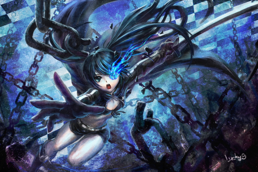 1girl artist_name bangs bikini_top black_gloves black_hair black_rock_shooter black_rock_shooter_(character) black_shoes black_shorts blue_eyes blue_fire boots broken broken_chain chain checkered checkered_background fire gloves glowing glowing_eye highres holding_sword holding_weapon jacket katana long_hair lucky9 midriff navel open_mouth outstretched_arms pale_skin shoes shorts signature solo spread_arms swept_bangs sword teeth tongue twintails uneven_twintails unzipped weapon zipper