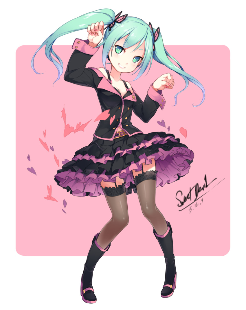 1girl aoi_tsunami boots bra butterfly_hair_ornament garter_straps green_eyes green_hair grin hair_ornament hatsune_miku highres knee_boots long_hair nail_polish pigeon-toed pose project_diva project_diva_f skirt smile solo standing sweet_devil_(vocaloid) thigh-highs twintails underwear vocaloid