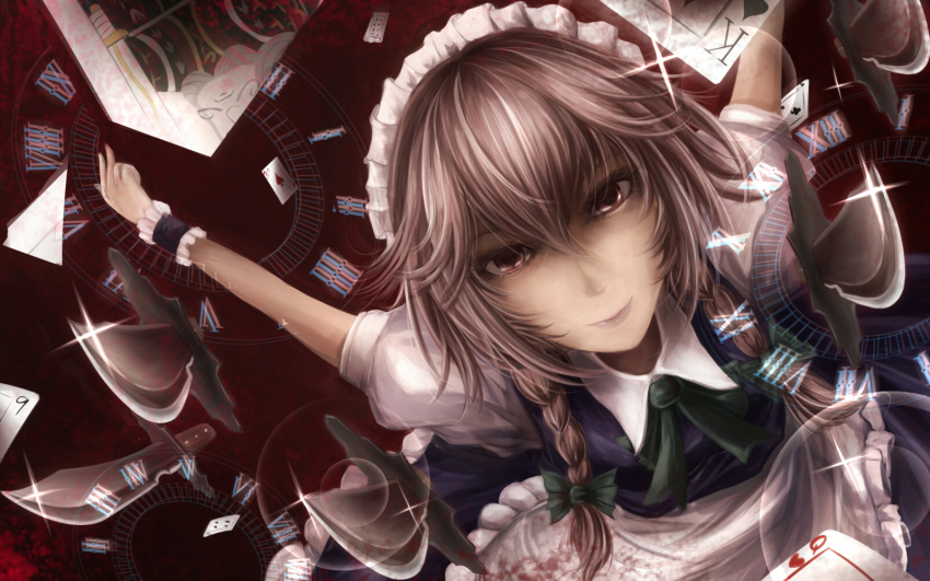1girl ace_of_hearts apron blood bloody_clothes bloody_knife blue_dress braid card collared_shirt dress foreshortening frilled_dress frills grey_hair highres izayoi_sakuya king_of_spades knife lips looking_at_viewer maid maid_apron maid_headdress muted_color noratama-nyan perspective playing_card pov red_background red_eyes reflection ribbon roman_numerals shirt short_hair sleeveless sleeveless_dress smile solo sparkle touhou twin_braids white_shirt wrist_cuffs