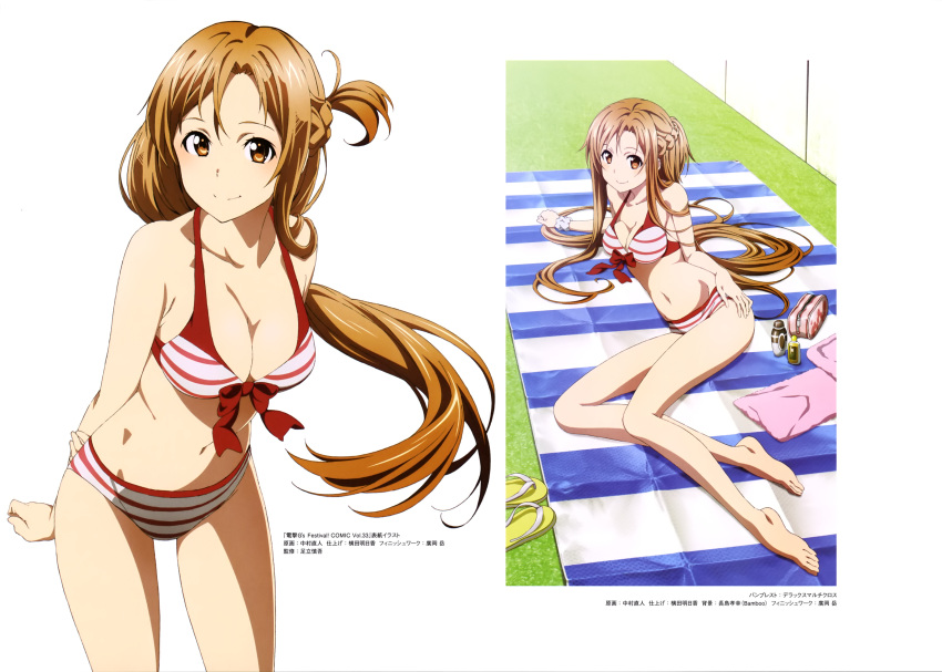 1girl absurdres asuna_(sao) bikini breasts brown_eyes brown_hair cleavage front-tie_bikini front-tie_top highres long_hair looking_at_viewer nakamura_naoto navel smile striped striped_bikini striped_swimsuit swimsuit sword_art_online very_long_hair