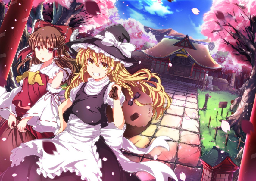 2girls :o architecture ascot bow braid carrying_over_shoulder cherry_blossoms detached_sleeves east_asian_architecture grin hair_ornament hair_tubes hairclip hakurei_reimu hakurei_shrine hat hat_bow jianren kirisame_marisa long_hair looking_at_viewer mountain multiple_girls over_shoulder petals puffy_short_sleeves puffy_sleeves sack short_sleeves single_braid smile touhou witch_hat