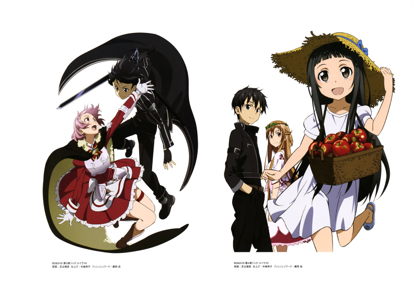absurdres adachi_shingo asuna_(sao) black_eyes black_hair brown_eyes brown_hair dress eye_contact fingerless_gloves gloves hands_in_pockets highres kirito lisbeth long_hair looking_at_another open_mouth pink_eyes short_hair simple_background smile sword sword_art_online weapon white_background white_dress white_gloves yui_(sao)