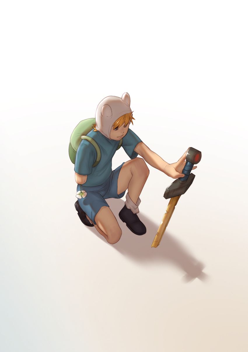 1boy adventure_time amputee backpack bag blonde_hair blue_eyes commentary finn flower full_body highres hood john_doe one_knee planted_sword planted_weapon sad shirt shorts solo spoilers sword t-shirt weapon