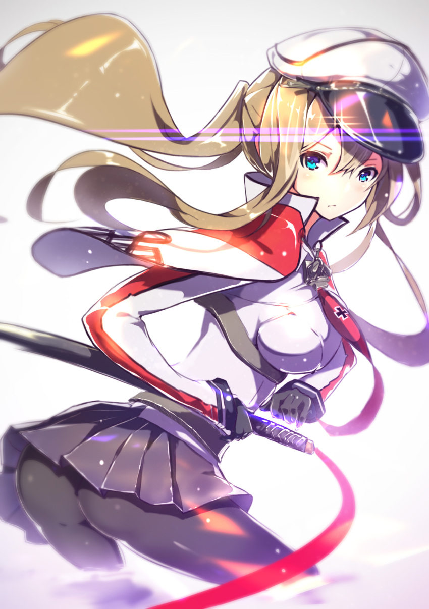 1girl absurdres ass black_legwear blonde_hair blue_eyes blush breasts capelet enj! from_behind gloves graf_zeppelin_(kantai_collection) hair_between_eyes hat highres kantai_collection katana large_breasts long_hair looking_at_viewer looking_back miniskirt necktie pantyhose peaked_cap sidelocks skirt solo sword tsurime twintails uniform weapon